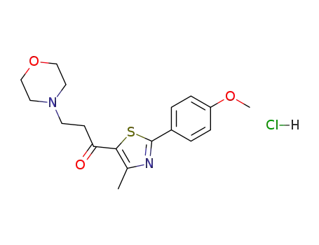 Molecular Structure of 142992-91-4 (1-Propanone,
1-[2-(4-methoxyphenyl)-4-methyl-5-thiazolyl]-3-(4-morpholinyl)-,
monohydrochloride)