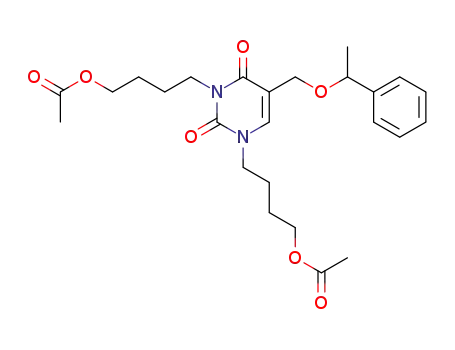 Molecular Structure of 142668-36-8 (Acetic acid 4-[3-(4-acetoxy-butyl)-2,6-dioxo-5-(1-phenyl-ethoxymethyl)-3,6-dihydro-2H-pyrimidin-1-yl]-butyl ester)