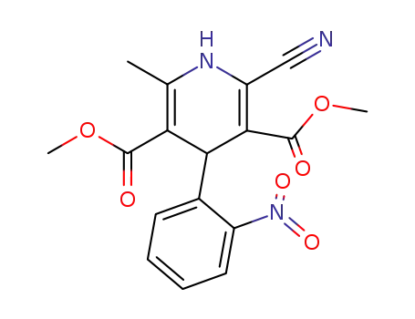 Molecular Structure of 67448-28-6 (3,5-Pyridinedicarboxylic acid,
2-cyano-1,4-dihydro-6-methyl-4-(2-nitrophenyl)-, dimethyl ester)