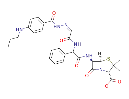 Molecular Structure of 143667-46-3 ((2S,5R,6R)-3,3-dimethyl-7-oxo-6-[(phenyl{[(2E)-2-{2-[4-(propylamino)benzoyl]hydrazinylidene}acetyl]amino}acetyl)amino]-4-thia-1-azabicyclo[3.2.0]heptane-2-carboxylic acid)