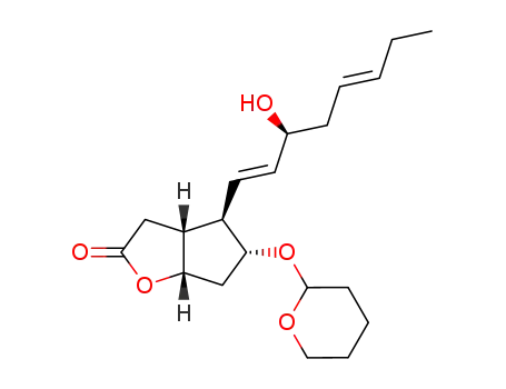 Molecular Structure of 32233-42-4 ((3aR,4R,5R,6aS)-4-((1E,5E)-(S)-3-Hydroxy-octa-1,5-dienyl)-5-(tetrahydro-pyran-2-yloxy)-hexahydro-cyclopenta[b]furan-2-one)