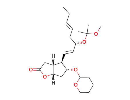 Molecular Structure of 75351-52-9 ((3aR,4R,5R,6aS)-4-[(1E,5E)-(S)-3-(1-Methoxy-1-methyl-ethoxy)-octa-1,5-dienyl]-5-(tetrahydro-pyran-2-yloxy)-hexahydro-cyclopenta[b]furan-2-one)