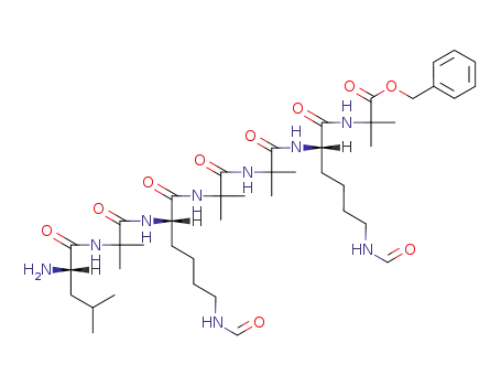 Molecular Structure of 1027148-66-8 (2-{(S)-2-[2-(2-{(S)-2-[2-((S)-2-Amino-4-methyl-pentanoylamino)-2-methyl-propionylamino]-6-formylamino-hexanoylamino}-2-methyl-propionylamino)-2-methyl-propionylamino]-6-formylamino-hexanoylamino}-2-methyl-propionic acid benzyl ester)