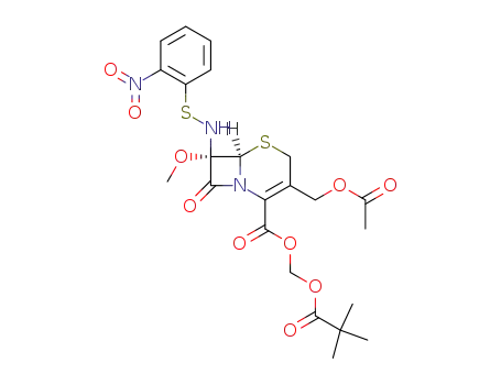 Molecular Structure of 73403-45-9 ((6<i>R</i>)-3-acetoxymethyl-7<i>c</i>-methoxy-7<i>t</i>-(2-nitro-phenylsulfanylamino)-8-oxo-(6<i>r</i><i>H</i>)-5-thia-1-aza-bicyclo[4.2.0]oct-2-ene-2-carboxylic acid 2,2-dimethyl-propionyloxymethyl ester)