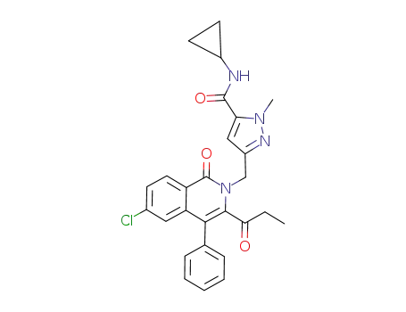 Molecular Structure of 844870-61-7 (1H-Pyrazole-5-carboxamide, 3-[[6-chloro-1-oxo-3-(1-oxopropyl)-4-phenyl-2(1H)-isoquinolinyl]methyl]-N-cyclopropyl-1-methyl-)