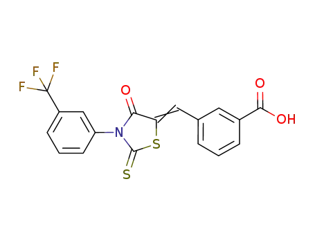 Molecular Structure of 432526-28-8 (Benzoic acid,
3-[[4-oxo-2-thioxo-3-[3-(trifluoromethyl)phenyl]-5-thiazolidinylidene]meth
yl]-)