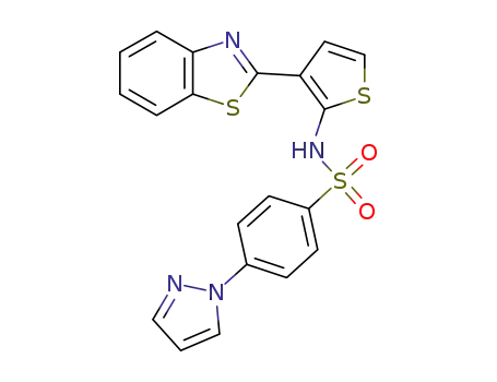 Molecular Structure of 1161342-78-4 (N-(3-(benzo[d]thiazol-2-yl)thiophen-2-yl)-4-(1H-pyrazol-1-yl)benzenesulfonamide)