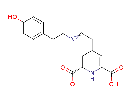 Molecular Structure of 5589-85-5 (1,2,3,4-Tetrahydro-4-[2-[[2-(4-hydroxyphenyl)ethyl]imino]ethylidene]pyridine-2,6-dicarboxylic acid)