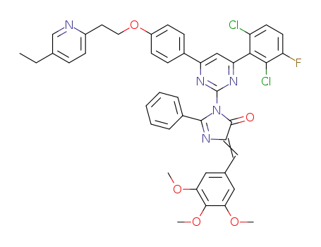 Molecular Structure of 1304143-30-3 (1-(4-{4-[2-(5-ethylpyridin-2-yl)ethoxy]phenyl}-6-(2,6-dichloro-5-fluorophenyl)pyrimidin-2-yl)-2-phenyl-4-(3,4,5-trimethoxybenzylidene)-1H-imidazol-5(4H)-one)
