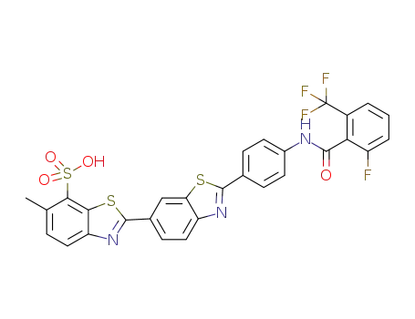 Molecular Structure of 1363453-97-7 (2'-(4-(2-fluoro-6-(trifluoromethyl)benzamido)phenyl)-6-methyl-[2,6'-bibenzo[d]thiazole]-7-sulfonic acid)