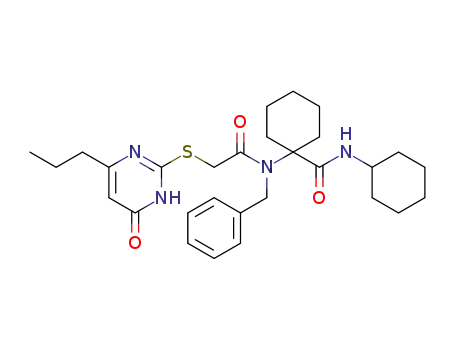 Molecular Structure of 1379463-54-3 (1-(N-benzyl-2-((6-oxo-4-propyl-1,6-dihydropyrimidin-2-yl)thio)acetamido)-N-cyclohexylcyclohexanecarboxamide)