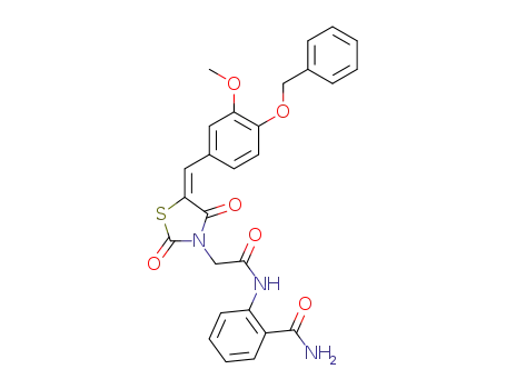 Molecular Structure of 1345089-63-5 (2-(2-((E)-5-(4-(benzyloxy)-3-methoxybenzylidene)-2,4-dioxothiazolidin-3-yl)acetamido)benzamide)