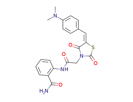 Molecular Structure of 1345089-62-4 (2-(2-((E)-5-(4-(dimethylamino)benzylidene)-2,4-dioxothiazolidin-3-yl)acetamido)benzamide)