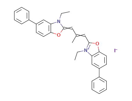 Molecular Structure of 29572-80-3 (3-ethyl-2-[(1E,3Z)-3-(3-ethyl-5-phenyl-1,3-benzoxazol-2(3H)-ylidene)-2-methylprop-1-en-1-yl]-5-phenyl-1,3-benzoxazol-3-ium iodide)