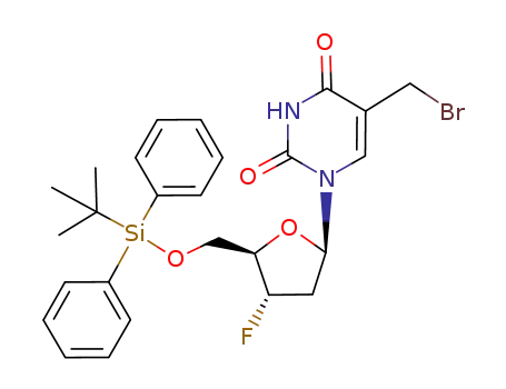 Molecular Structure of 136681-22-6 (5-bromomethyl-1-[5-(<i>tert</i>-butyl-diphenyl-silanyloxymethyl)-4-fluoro-tetrahydro-furan-2-yl]-1<i>H</i>-pyrimidine-2,4-dione)