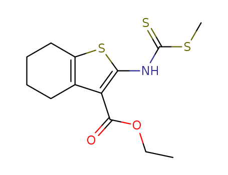 Molecular Structure of 155686-60-5 (Benzo[b]thiophene-3-carboxylic acid,
4,5,6,7-tetrahydro-2-[[(methylthio)thioxomethyl]amino]-, ethyl ester)