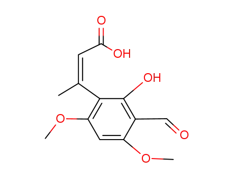 Molecular Structure of 106381-30-0 (3-(3-formyl-2-hydroxy-4,6-dimethoxy-phenyl)-<i>trans</i>-crotonic acid)