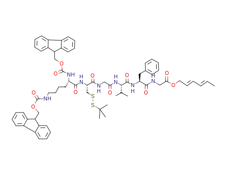 Molecular Structure of 912557-27-8 ({(S)-2-[(S)-2-(2-{(R)-2-[(S)-2,6-Bis-(9H-fluoren-9-ylmethoxycarbonylamino)-hexanoylamino]-3-tert-butyldisulfanyl-propionylamino}-acetylamino)-3-methyl-butyrylamino]-3-phenyl-propionylamino}-acetic acid (2E,4E)-hexa-2,4-dienyl ester)