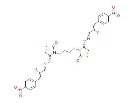 Molecular Structure of 74073-78-2 (2-Propenal, 2-chloro-3-(4-nitrophenyl)-,
[1,4-butanediylbis(2-oxo-3-thiazolidinyl-4-ylidene)]dihydrazone)
