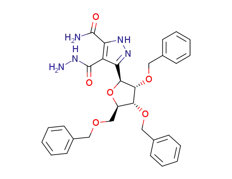 4-hydrazinocarbonyl-5-(tri-<i>O</i>-benzyl-β-<i>D</i>-ribofuranosyl)-1(2)<i>H</i>-pyrazole-3-carboxylic acid amide