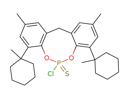 Molecular Structure of 58132-42-6 (6-Chloro-2,10-dimethyl-4,8-bis-(1-methyl-cyclohexyl)-12H-5,7-dioxa-6-phospha-dibenzo[a,d]cyclooctene 6-sulfide)