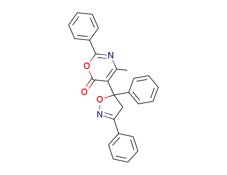 Molecular Structure of 62094-33-1 (6H-1,3-Oxazin-6-one,
5-(4,5-dihydro-3,5-diphenyl-5-isoxazolyl)-4-methyl-2-phenyl-)