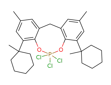Molecular Structure of 58132-30-2 (6,6,6-trichloro-2,10-dimethyl-4,8-bis-(1-methyl-cyclohexyl)-12<i>H</i>-6λ<sup>5</sup>-dibenzo[<i>d</i>,<i>g</i>][1,3,2]dioxaphosphocine)