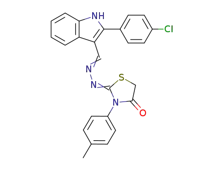 Molecular Structure of 67438-64-6 (1H-Indole-3-carboxaldehyde, 2-(4-chlorophenyl)-,
[3-(4-methylphenyl)-4-oxo-2-thiazolidinylidene]hydrazone)