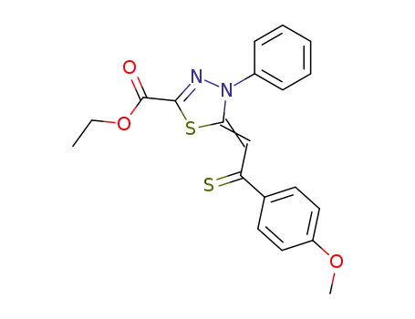 Molecular Structure of 27684-42-0 (5-[2-(4-methoxy-phenyl)-2-thioxo-ethylidene]-4-phenyl-4,5-dihydro-[1,3,4]thiadiazole-2-carboxylic acid ethyl ester)