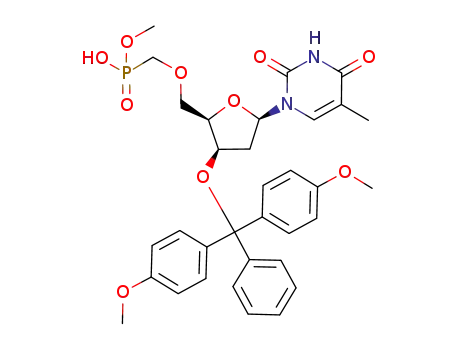 Molecular Structure of 854389-45-0 ([(2R,3R,5R)-3-[Bis-(4-methoxy-phenyl)-phenyl-methoxy]-5-(5-methyl-2,4-dioxo-3,4-dihydro-2H-pyrimidin-1-yl)-tetrahydro-furan-2-ylmethoxymethyl]-phosphonic acid monomethyl ester)