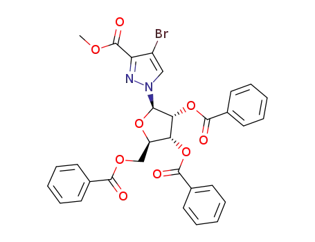 Molecular Structure of 138786-91-1 (1-((2R,3R,4R,5R)-3,4-Bis-benzoyloxy-5-benzoyloxymethyl-tetrahydro-furan-2-yl)-4-bromo-1H-pyrazole-3-carboxylic acid methyl ester)