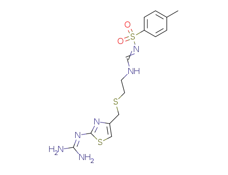 Molecular Structure of 100981-16-6 (Benzenesulfonamide,
N-[[[2-[[[2-[(aminoiminomethyl)amino]-4-thiazolyl]methyl]thio]ethyl]amino
]methylene]-4-methyl-)