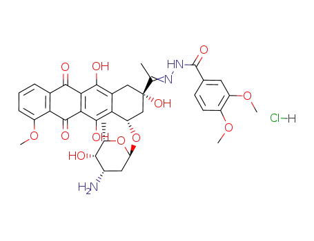 Molecular Structure of 110925-35-4 (3,4-Dimethoxy-benzoic acid [1-[(2S,4S)-4-((2R,4S,5S,6S)-4-amino-5-hydroxy-6-methyl-tetrahydro-pyran-2-yloxy)-2,5,12-trihydroxy-7-methoxy-6,11-dioxo-1,2,3,4,6,11-hexahydro-naphthacen-2-yl]-eth-(E)-ylidene]-hydrazide; hydrochloride)