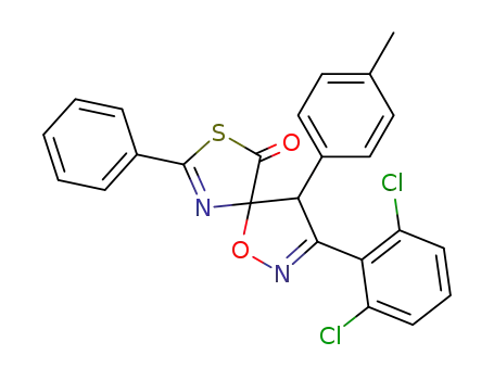 Molecular Structure of 128870-86-0 (3-(2,6-Dichloro-phenyl)-7-phenyl-4-p-tolyl-1-oxa-8-thia-2,6-diaza-spiro[4.4]nona-2,6-dien-9-one)