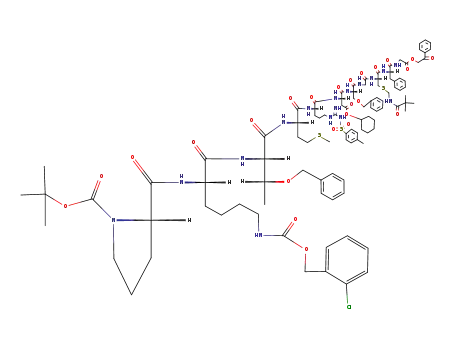 Molecular Structure of 130816-84-1 (Boc-Pro-Lys(ClZ)-Thr(Bzl)-Met-Arg(Tos)-Asp(OcHex)-Ser(Bzl)-Gly-Cys(Tacm)-Phe-Gly-OPac)