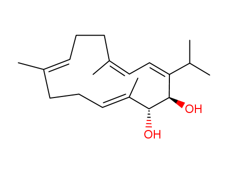 Molecular Structure of 121421-67-8 (3,5,9,13-Cyclotetradecatetraene-1,2-diol,6,10,14-trimethyl-3-(1-methylethyl)-, (1R,2R,3Z,5Z,9E,13E)- (9CI))