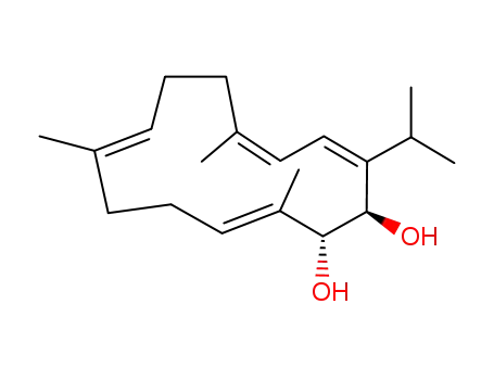 Molecular Structure of 123931-78-2 (3,5,9,13-Cyclotetradecatetraene-1,2-diol,6,10,14-trimethyl-3-(1-methylethyl)-, (1R,2R,3E,5Z,8E,13E)- (9CI))