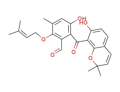 Molecular Structure of 114515-18-3 (Benzaldehyde,3-hydroxy-2-[(7-hydroxy-2,2-dimethyl-2H-1-benzopyran-8-yl)carbonyl]-5-methyl-6-[(3-methyl-2-buten-1-yl)oxy]-)