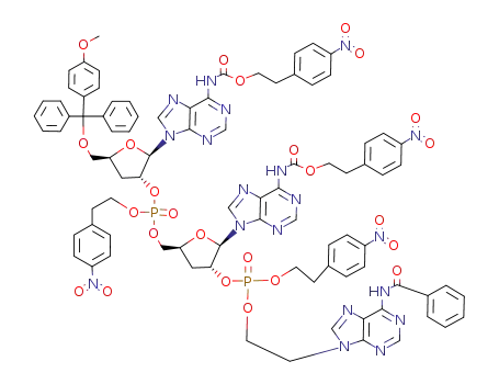3'-Deoxy-5'-O-(monomethoxytrityl)-N<sup>6</sup>-<2-(4-nitrophenyl)ethoxycarbonyl>adenylyl-(2'-(O<sup>P</sup>-<2-(4-nitrophenyl)ethyl>)->5')-3'-deoxy-N<sup>6</sup>-<2-(4-nitrophenyl)ethoxycarbonyl>adenylyl-(2'-(O<sup>P</sup>-<2-nitrophenyl)ethyl)->2')-N<sup>6</sup>-benzoyl-9-(2'-hydroxyethyl).....