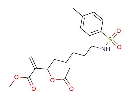 Molecular Structure of 140118-27-0 (Octanoic acid,
3-(acetyloxy)-2-methylene-8-[[(4-methylphenyl)sulfonyl]amino]-, methyl
ester)