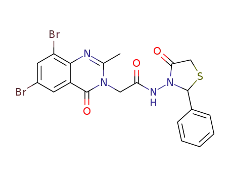 Molecular Structure of 120449-92-5 (2-(6,8-Dibromo-2-methyl-4-oxo-4H-quinazolin-3-yl)-N-(4-oxo-2-phenyl-thiazolidin-3-yl)-acetamide)