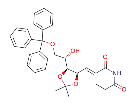 Molecular Structure of 119930-91-5 (3-[1-[(4R,5S)-5-((S)-1-Hydroxy-2-trityloxy-ethyl)-2,2-dimethyl-[1,3]dioxolan-4-yl]-meth-(E)-ylidene]-piperidine-2,6-dione)