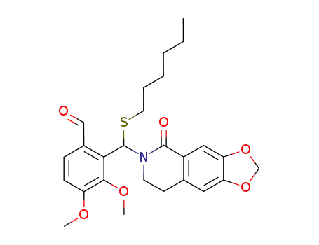 Molecular Structure of 89369-10-8 (Benzaldehyde,
2-[(7,8-dihydro-5-oxo-1,3-dioxolo[4,5-g]isoquinolin-6(5H)-yl)(hexylthio)
methyl]-3,4-dimethoxy-)