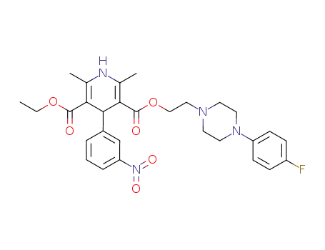 Molecular Structure of 90095-92-4 (3,5-Pyridinedicarboxylic acid,
1,4-dihydro-2,6-dimethyl-4-(3-nitrophenyl)-, ethyl
2-[4-(4-fluorophenyl)-1-piperazinyl]ethyl ester)