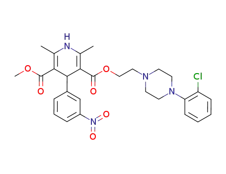 Molecular Structure of 90095-94-6 (3,5-Pyridinedicarboxylic acid,
1,4-dihydro-2,6-dimethyl-4-(3-nitrophenyl)-,
2-[4-(2-chlorophenyl)-1-piperazinyl]ethyl methyl ester)
