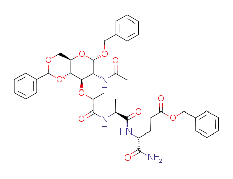 Molecular Structure of 59573-36-3 (benzyl 2-acetamido-2-deoxy-4,6-O-benzylidene-3-O-(D-2-propanoyl-L-alanyl-D-isoglutamine benzyl ester)-α-D-glucopyranoside)