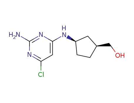 Molecular Structure of 122624-74-2 (Cyclopentanemethanol, 3-[(2-amino-6-chloro-4-pyrimidinyl)amino]-,
(1R,3S)-rel-)