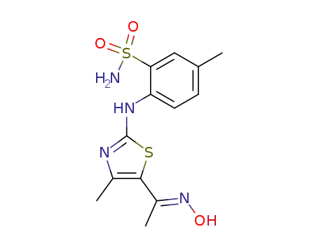 Molecular Structure of 88324-09-8 (Benzenesulfonamide,
2-[[5-[1-(hydroxyimino)ethyl]-4-methyl-2-thiazolyl]amino]-5-methyl-)