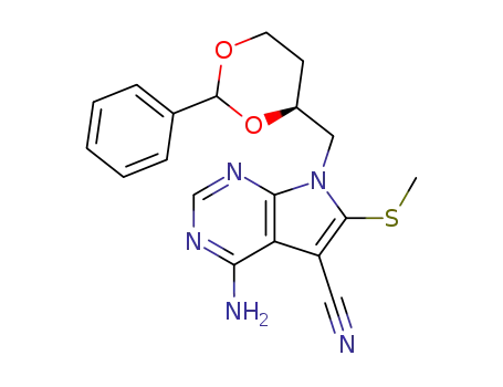 Molecular Structure of 127945-82-8 (2-amino-5-cyano-6-(methylthio)-7-<(S)-2,4-O-benzylidene-2,4-dihydroxybutyl>pyrrolo<2,3-d>pyrimidine)