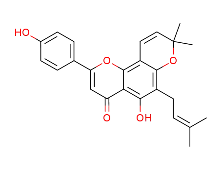 Molecular Structure of 144049-81-0 (4H,8H-Benzo[1,2-b:3,4-b']dipyran-4-one,5-hydroxy-2-(4-hydroxyphenyl)-8,8-dimethyl-6-(3-methyl-2-butenyl)- (9CI))